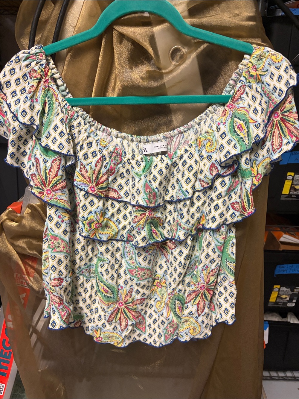 Off-Shoulder ZARA Floral Ruffle Women’s Top - White with Multicolor Print M